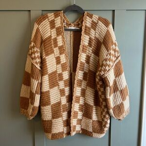 Altar’d State Shannon Checkered Brown and Ivory Oversized Cardigan S/M